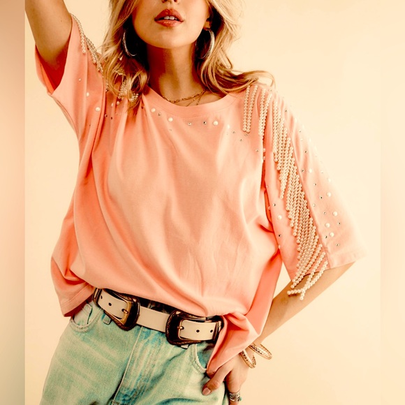 NWOT BiBi Peach Color Rhinestone and Pearl Fringe Top - Picture 2 of 14